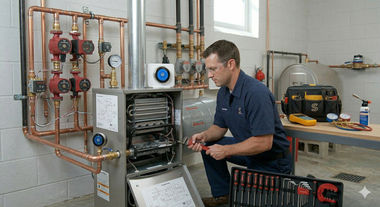 A technician repairs a residential boiler in a utility room, surrounded by copper piping and a toolbox.