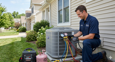 A technician in uniform kneels outside, using a manifold gauge set to service a residential air conditioning unit.