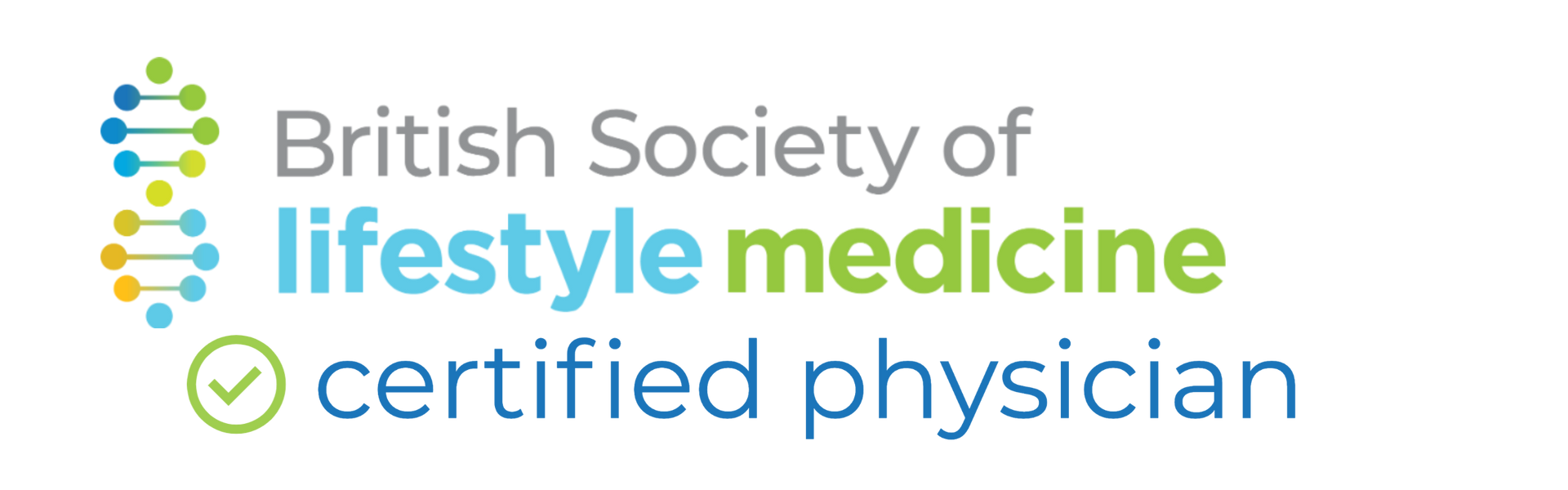 British Society of Lifestyle Medicine certified physician logo with blue and green text and checkmark icons
