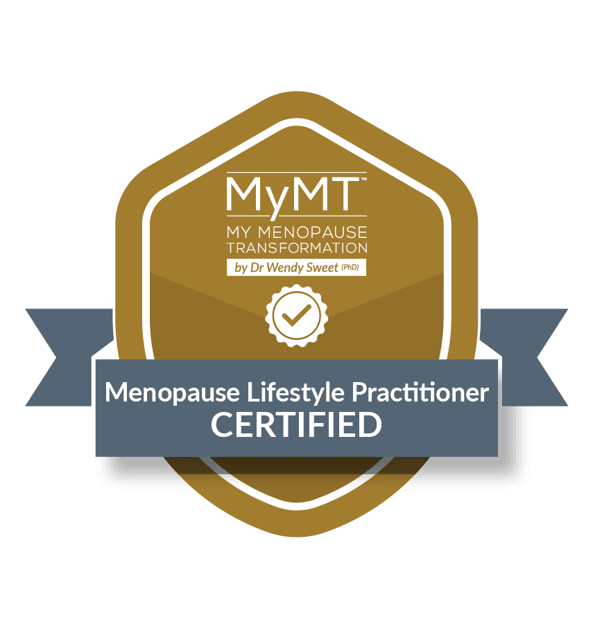 MyMT Menopause Lifestyle Practitioner Certified badge in gold and gray