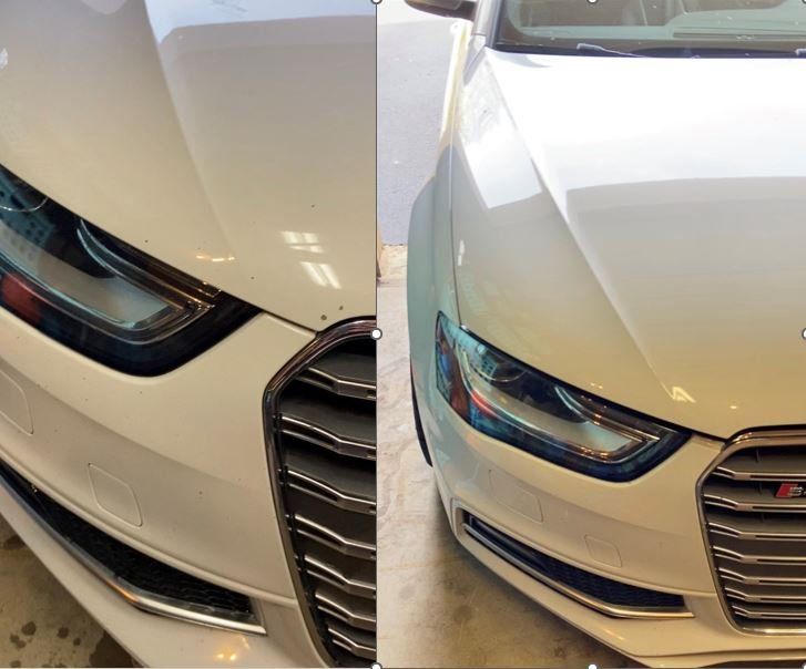 Two pictures of a white car with a black grill