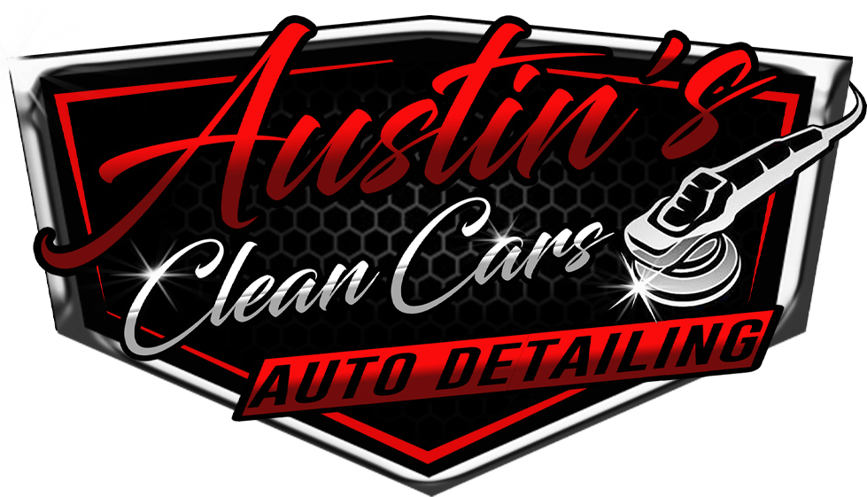 Logo for Austin's Clean Cars: a black and red hexagon with text and a polishing tool.