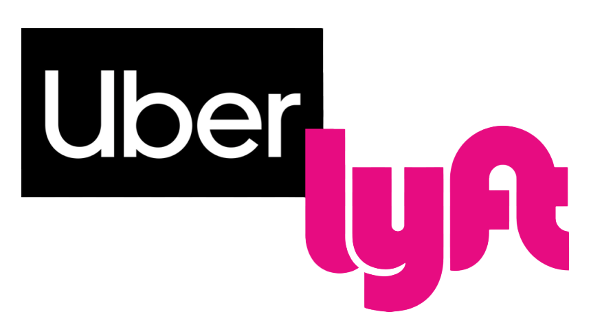 Uber logo next to Lyft logo; Uber in black, Lyft in pink.