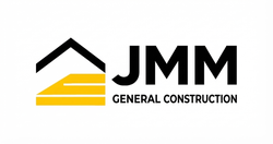 JMM General Construction logo with black roof icon and yellow lines on a white background