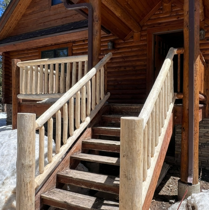 Wooden cabin porch with stairs and log railings in front of a rustic doorway