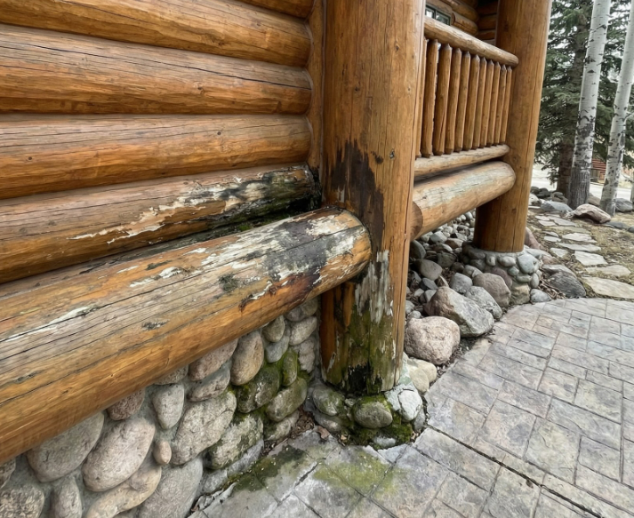 Weathered log wall with moss at the base beside a stone walkway and rock-lined path