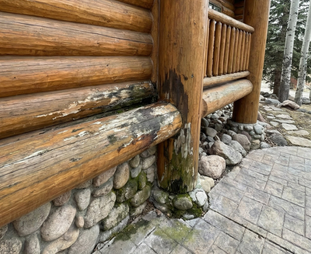 Weathered log wall with moss at the base beside a stone walkway and rock-lined path