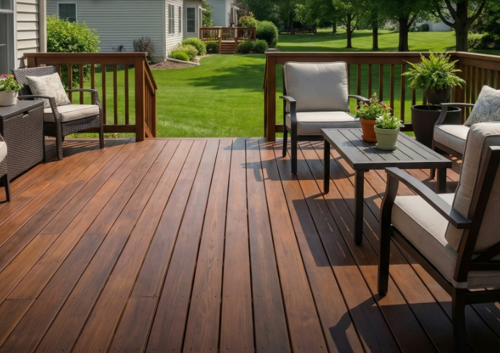 Wooden deck with outdoor patio chairs, table, and potted plants overlooking a green lawn.