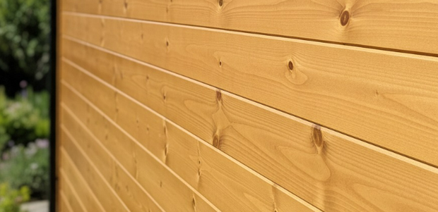 Close-up of a light wood plank wall with blurred greenery along the left edge