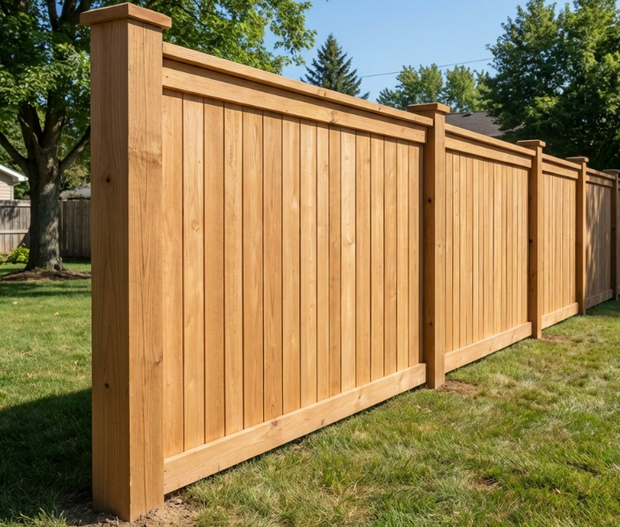 Tall wooden privacy fence with posts and panels along a grassy yard on a sunny day
