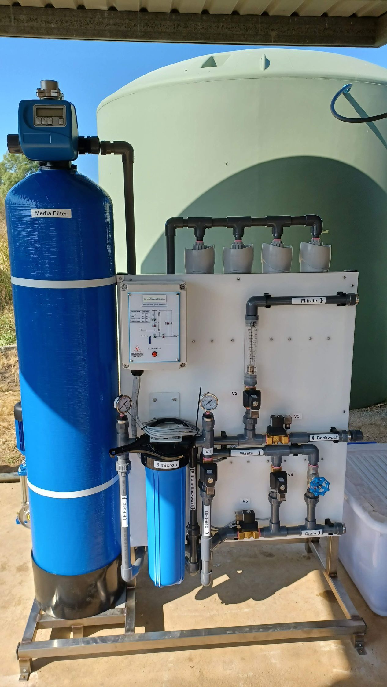 A Blue Tank Is Sitting On Top Of A White Board Next To A Green Tank — Eureka Water & Filtration In Mount St John, QLD