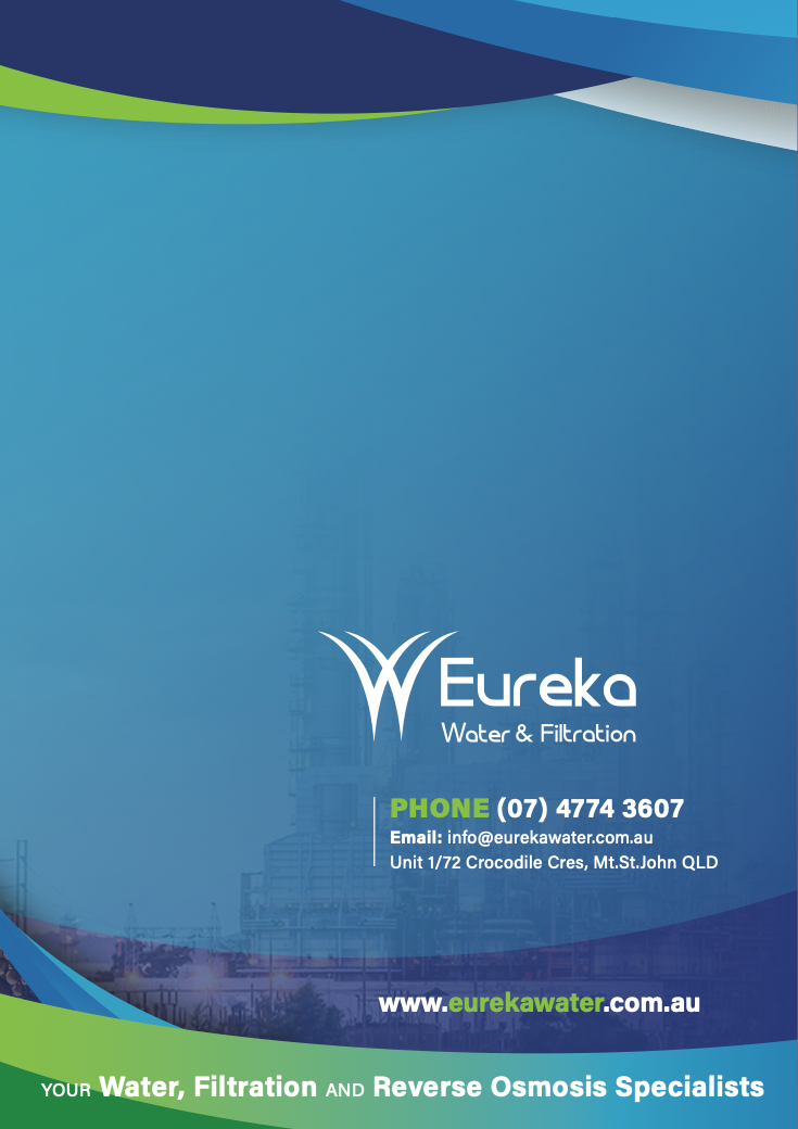 A blue and green brochure for eureka water filtration — Eureka Water & Filtration In Mount St John, QLD