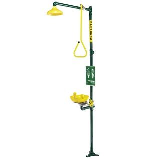 A Yellow And Green Emergency Shower With A Yellow Eye Wash Bowl — Eureka Water & Filtration In Mount St John, QLD