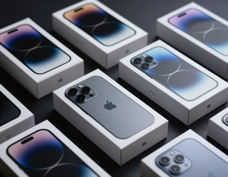 Varios iPhones en cajas blancas, mostrados desde arriba sobre una superficie oscura.