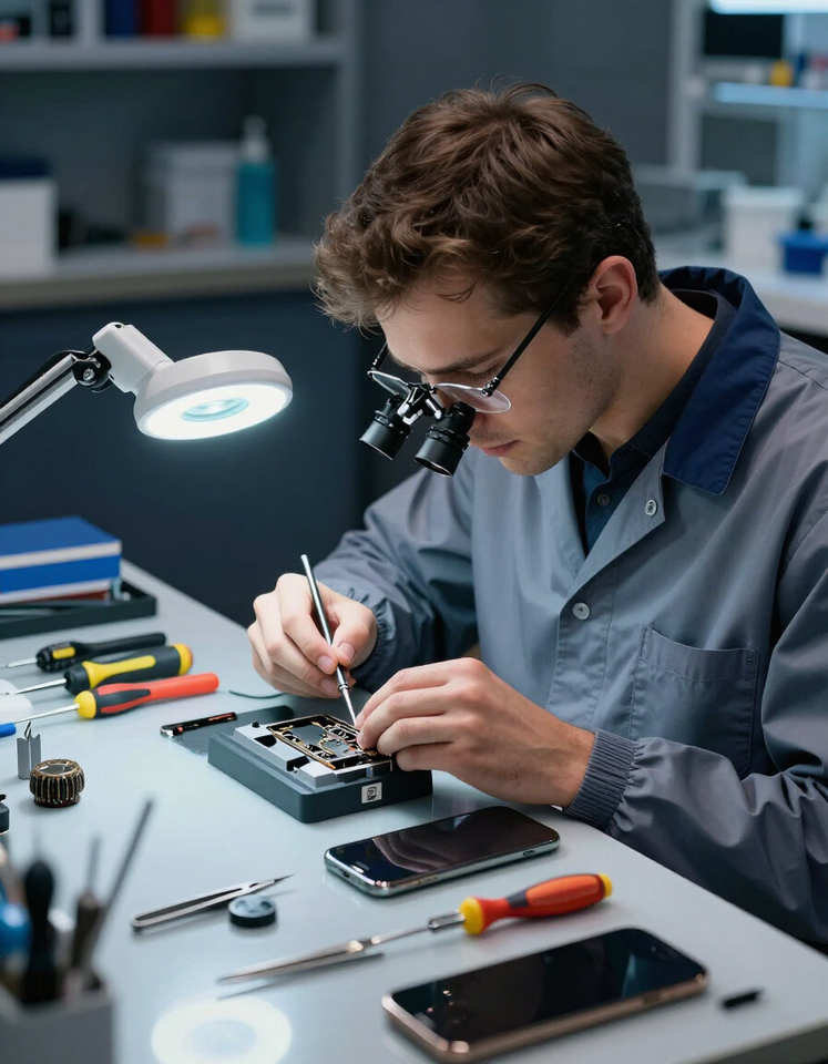 Persona utilizando unos auriculares con lupa para reparar una placa de circuito impreso en un banco de trabajo bajo una lámpara de escritorio.