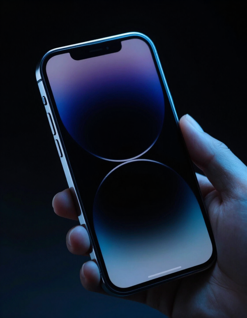 Mano sosteniendo un teléfono inteligente con una pantalla degradada azul-violeta sobre un fondo oscuro.