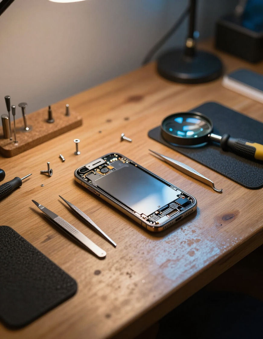 Espacio de trabajo para la reparación de teléfonos inteligentes con herramientas, lupa y un teléfono desmontado sobre un escritorio de madera.
