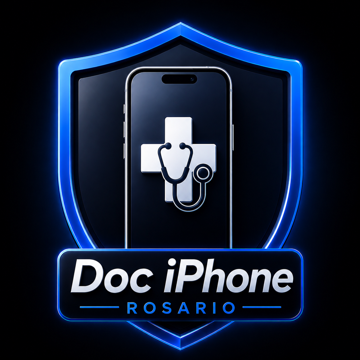 Logotipo de escudo azul con teléfono inteligente y cruz médica, etiquetado como “Doc iPhone Rosario”.