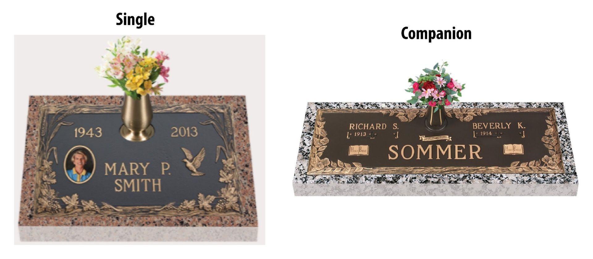 Two granite memorial markers with flower vases: one single headstone and one companion headstone.