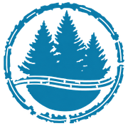 Blue circular logo with pine trees, mountains, and a winding river inside a rough ring outline