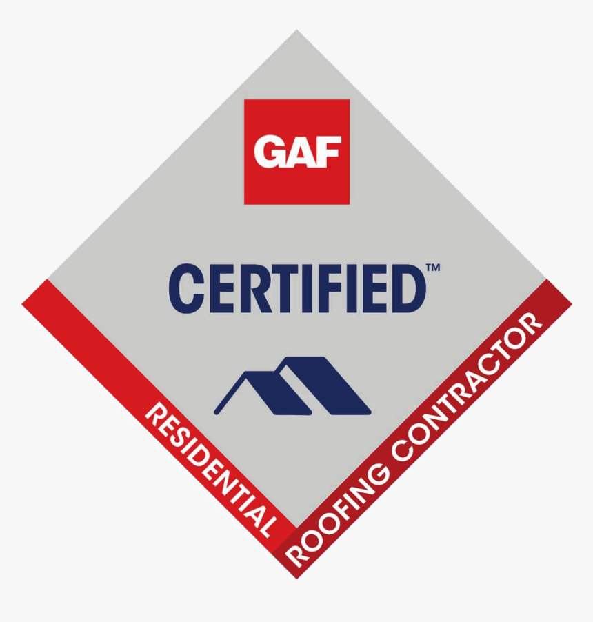 GAF Certified Residential Roofing Contractor badge in red, gray, and blue