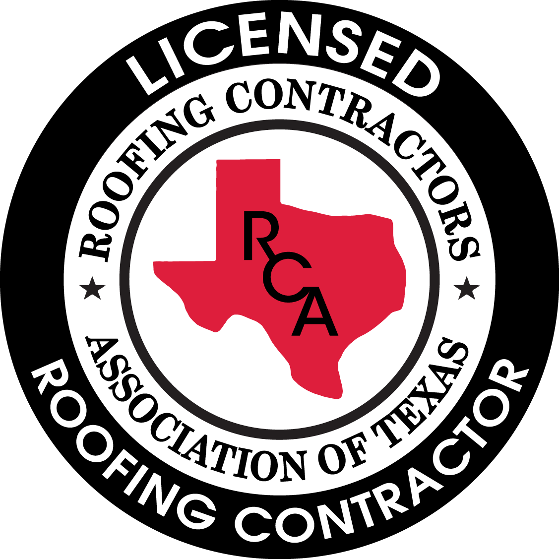 Licensed roofing contractors association of Texas logo with red Texas silhouette and black circular text
