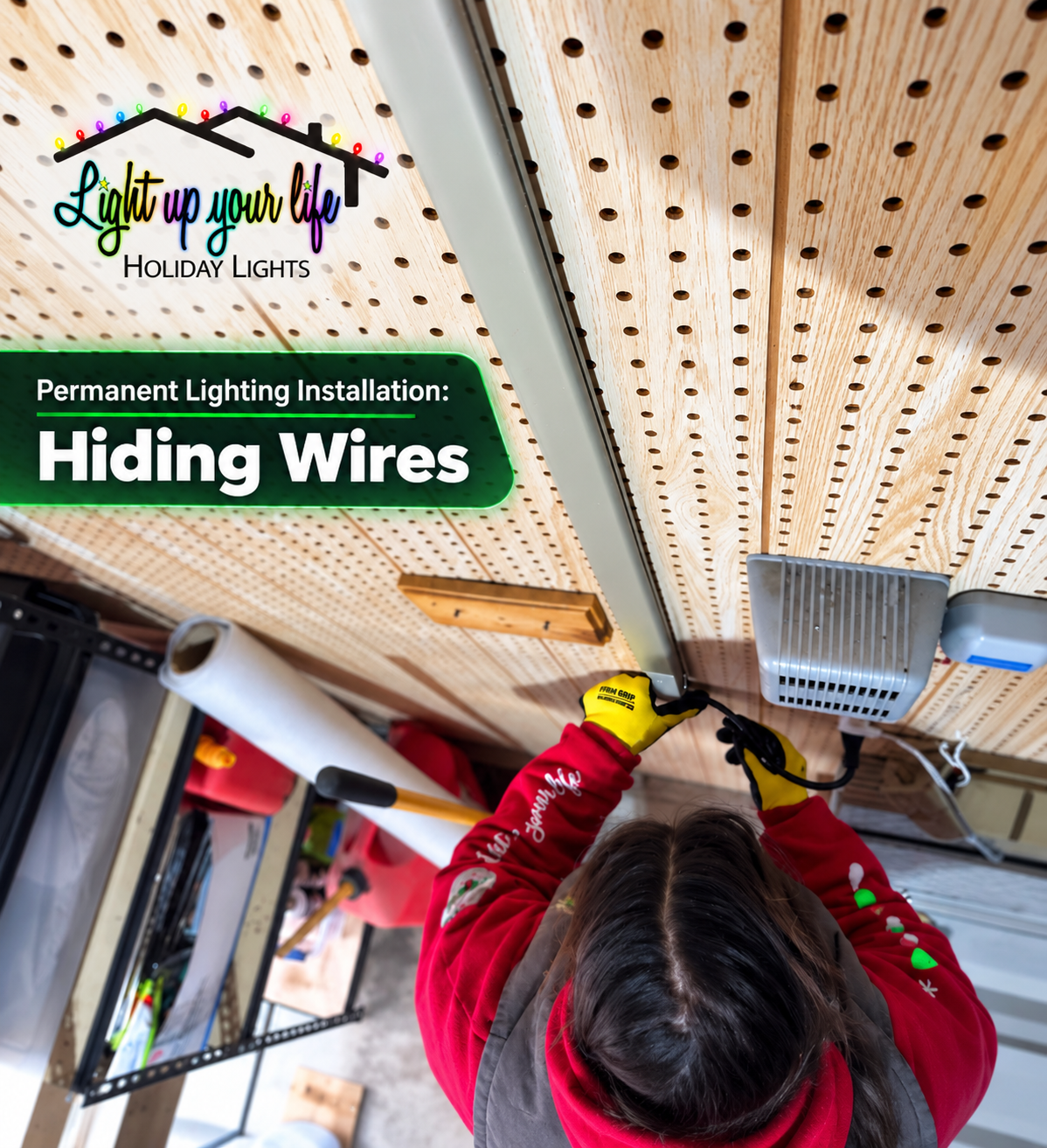 Certified light installer going above and beyond to hide all wires and cords to a permanent lighting installation in Michigan. 