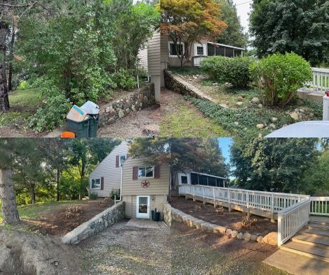 A before and after photo of a house with a deck