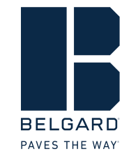 The logo for belgard paves the way is blue and white.
