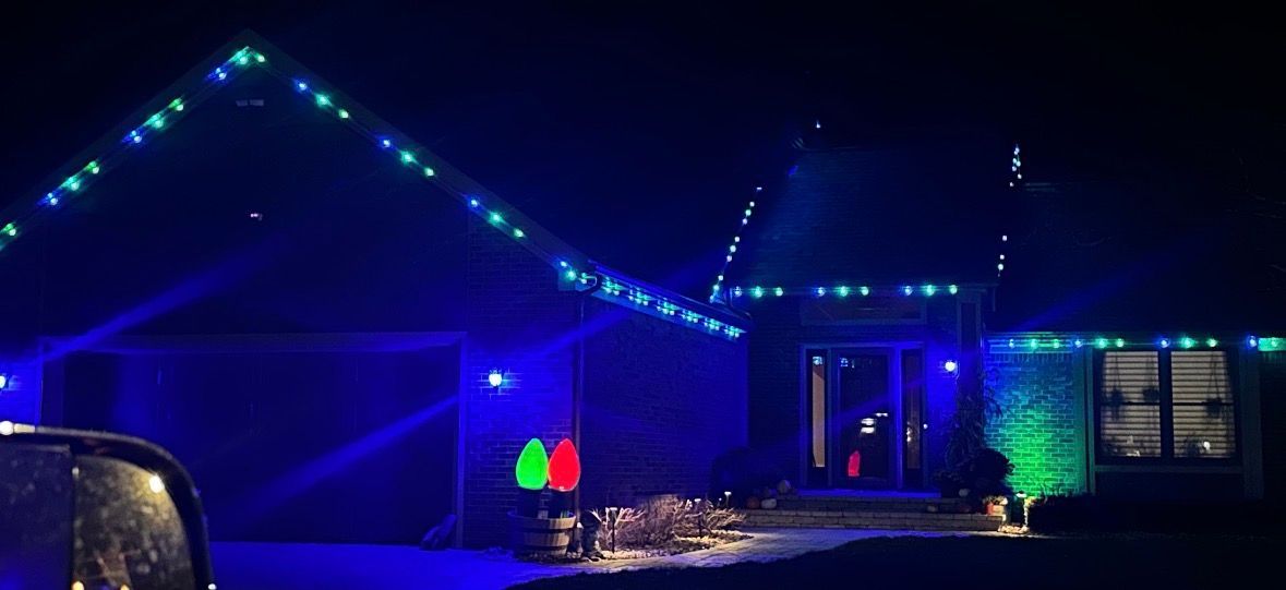 Blue and green permanent exterior lights in michigan. 