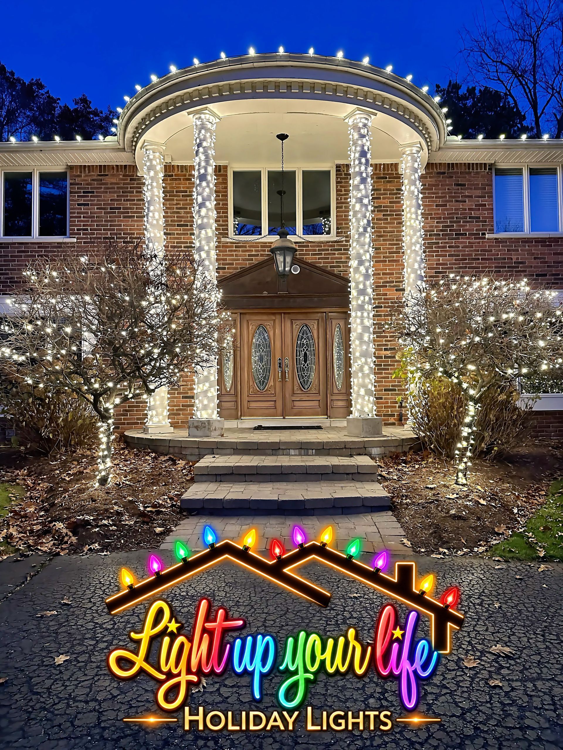 Best Christmas Lights in Michigan. Warm white g ball mini lights wrapped around 4 columns. Warm white c9 Christmas lights professionally installed in Clarkston Michigan 