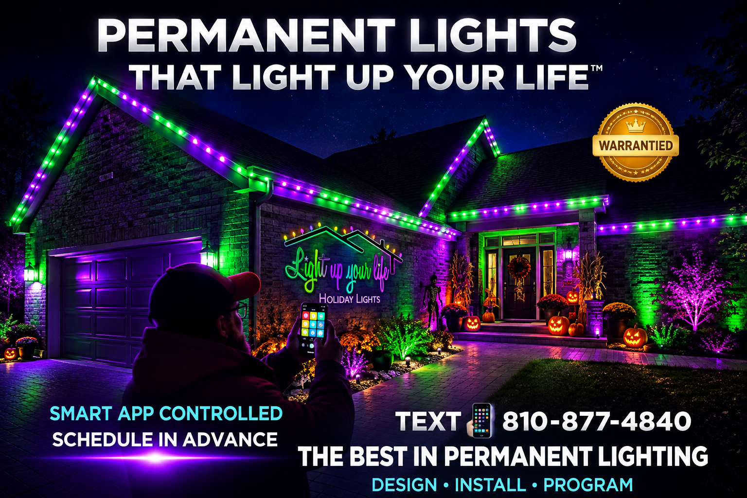 Permanent Lighting AD with halloween colors in michigan. Lights. pERMANENT. 