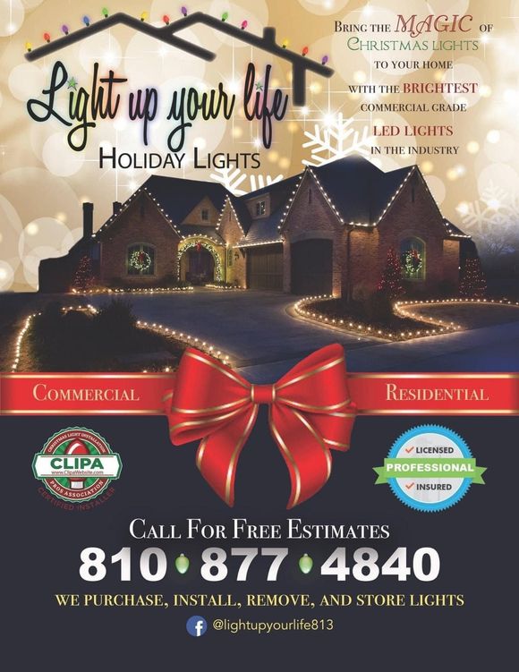 A flyer for holiday lights with a house and a red bow.