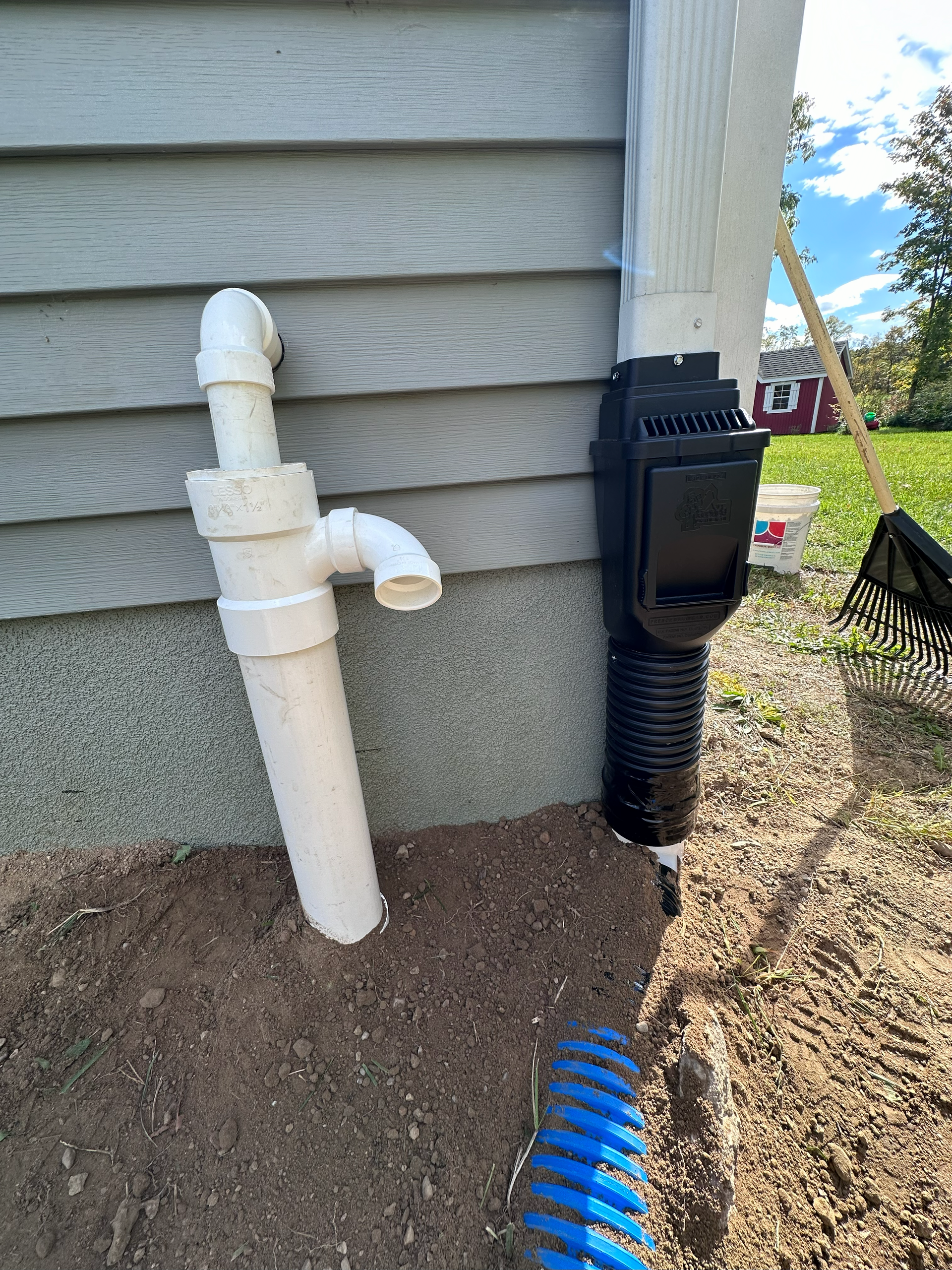 A Drainage trench. Downspout drainage