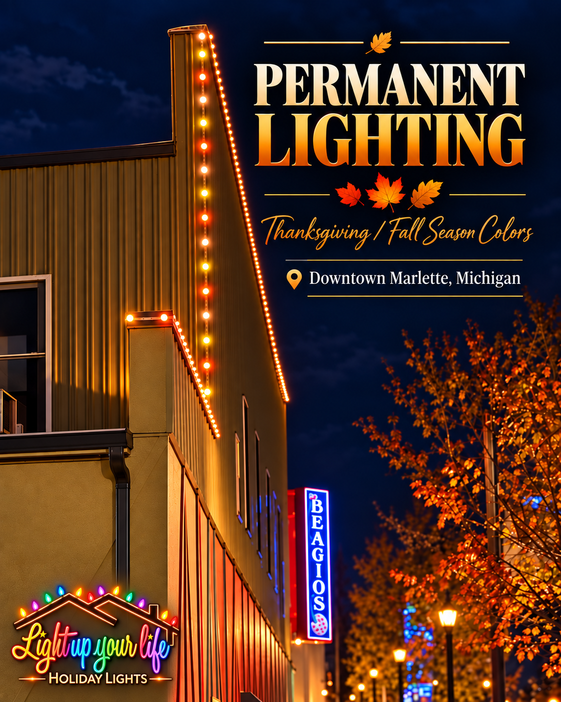 Commercial Custom permanent exterior lighting illuminating commercial building at night. Color changing. Inception. Blue hopper. 16 million colors. 