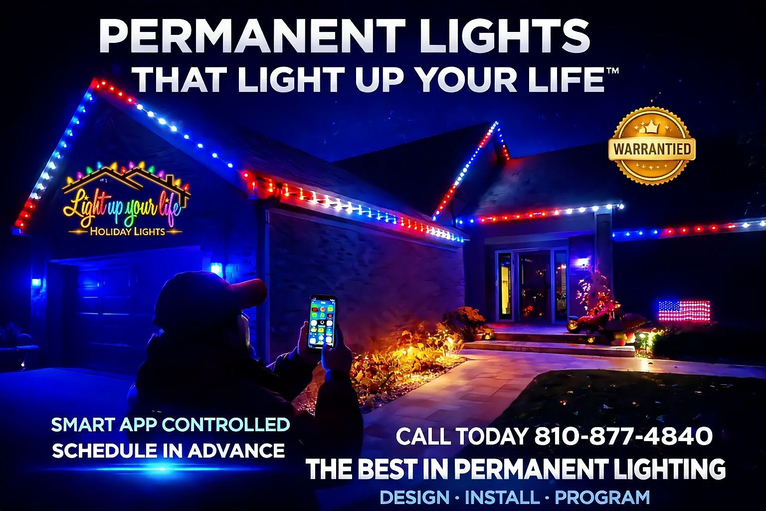 Permanent Lighting for the Fourth of July in red white and blue colors for a large holiday event in Detroit michigan 