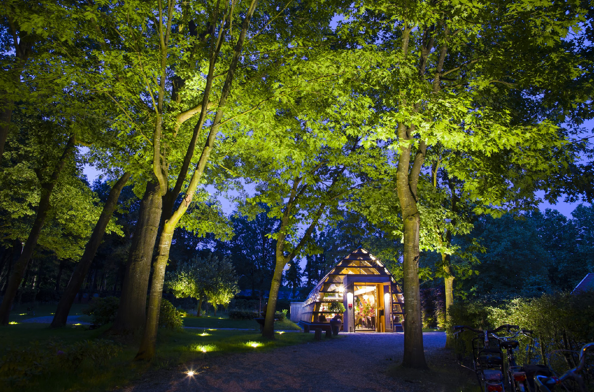 A pergola is lit up at night in a backyard. landscape lighting