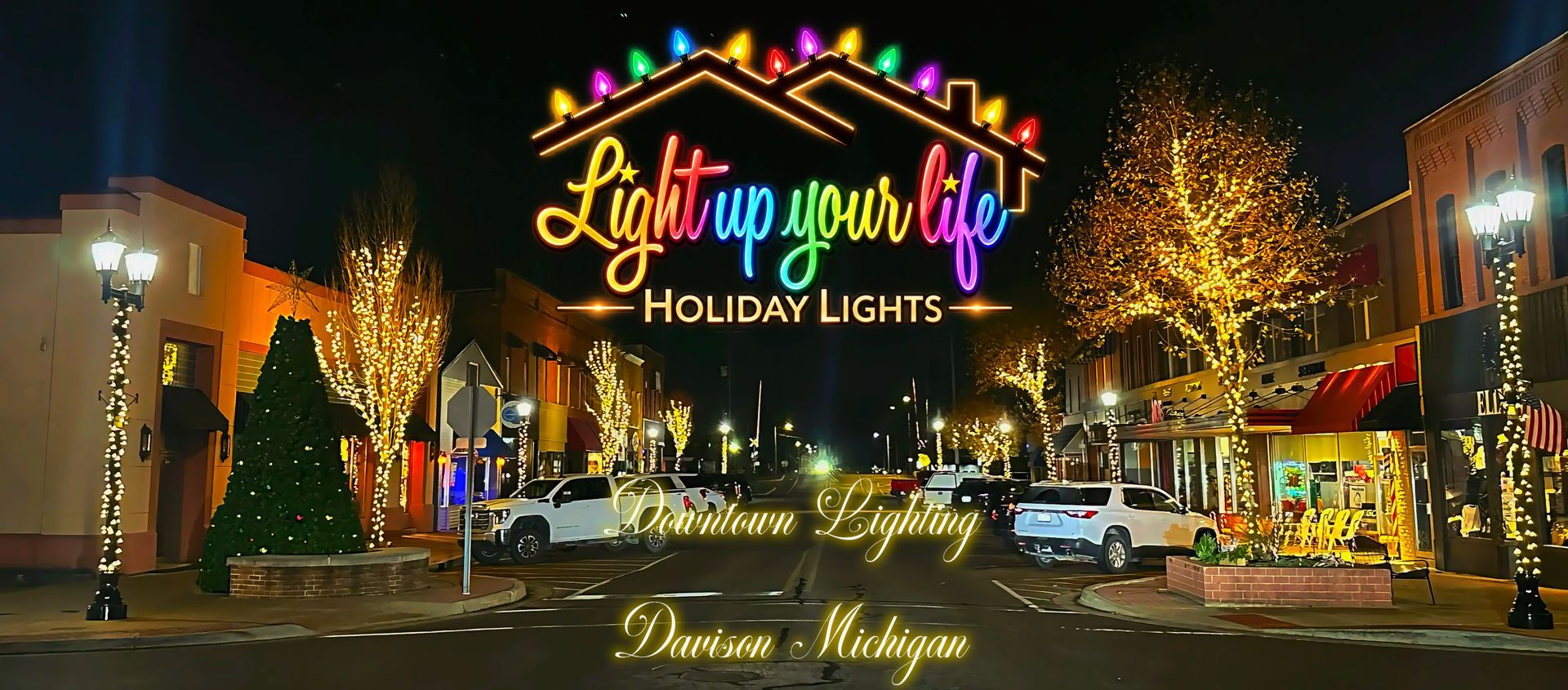 Downtown Davison Michigan Permanent Lighting. 16 poles decorated in color changing mini lights. Christmas lighting. downtown tree lighting. 