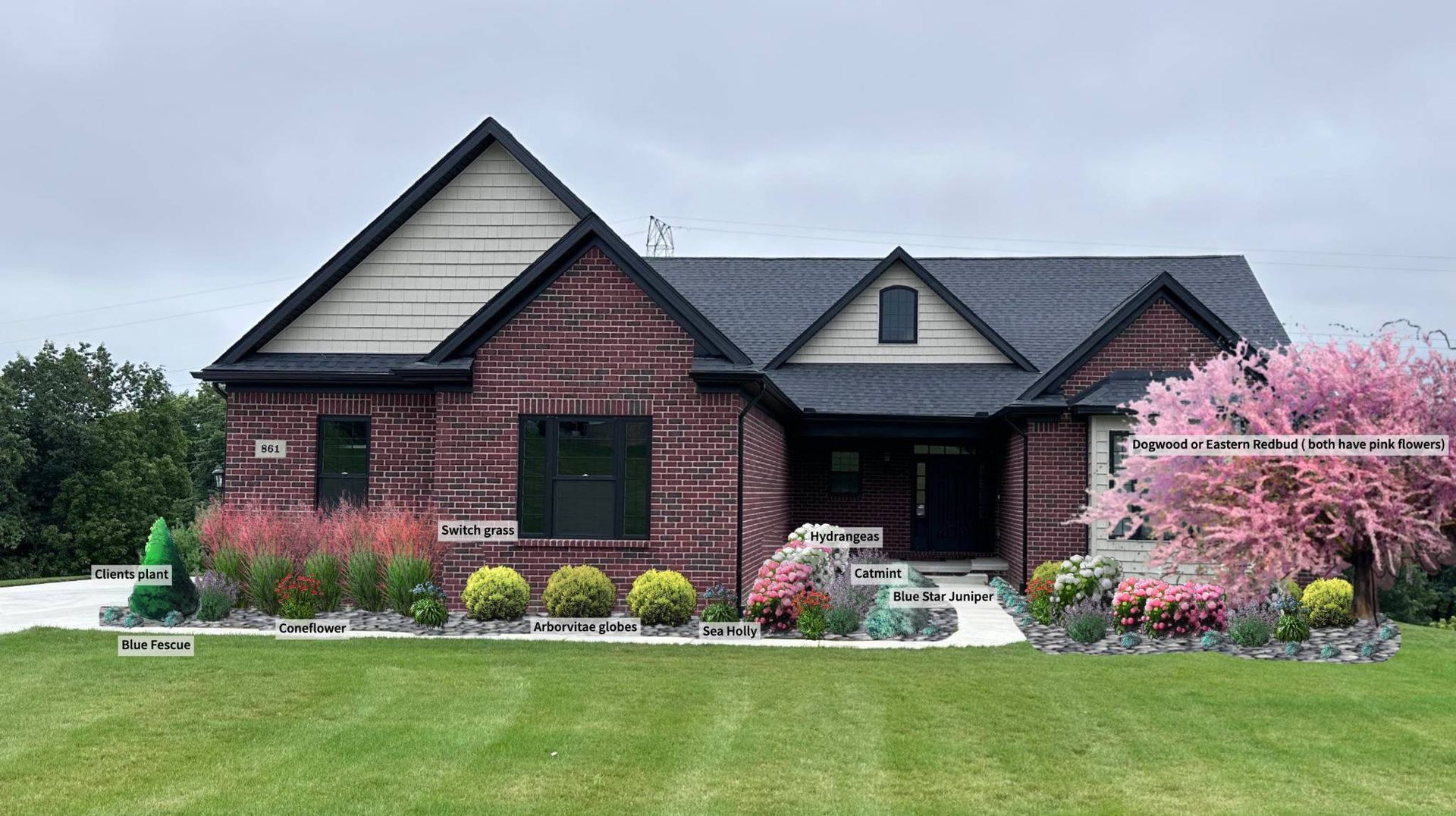 A house with a garden in front of it. LANDSCAPE DESIGN