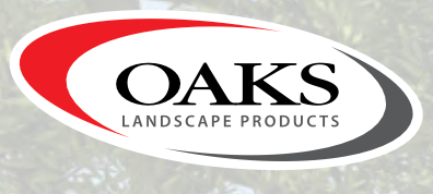 A logo for oaks landscape products with a red circle