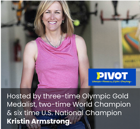 Kristin Armstrong, a smiling woman in a pink top, is hosting a show called PIVOT.