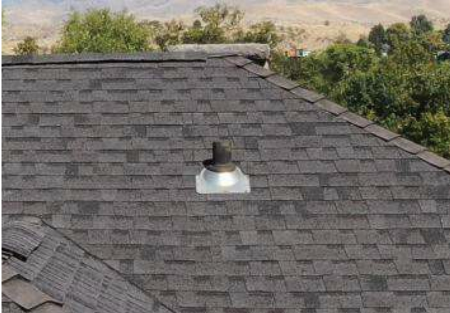 Roof with asphalt shingles and a tubular skylight.