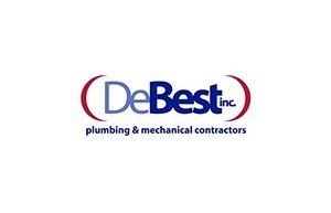 DeBest Inc. logo. Blue and red text over a white background. Text reads 