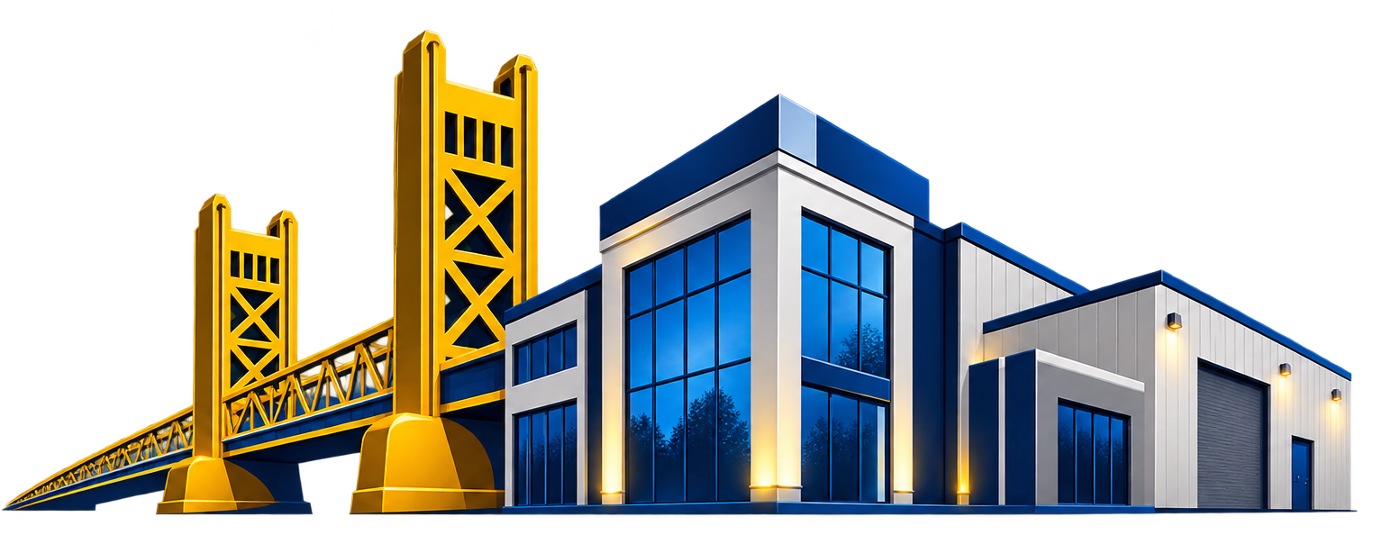 Stylized golden bridge beside blue-and-white modern buildings on a white background