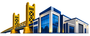 Stylized golden bridge beside blue-and-white modern buildings on a white background