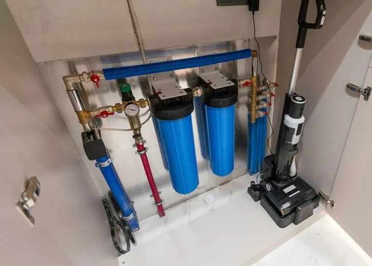 Under-sink water filtration system with blue filter tanks and pipes in a white cabinet