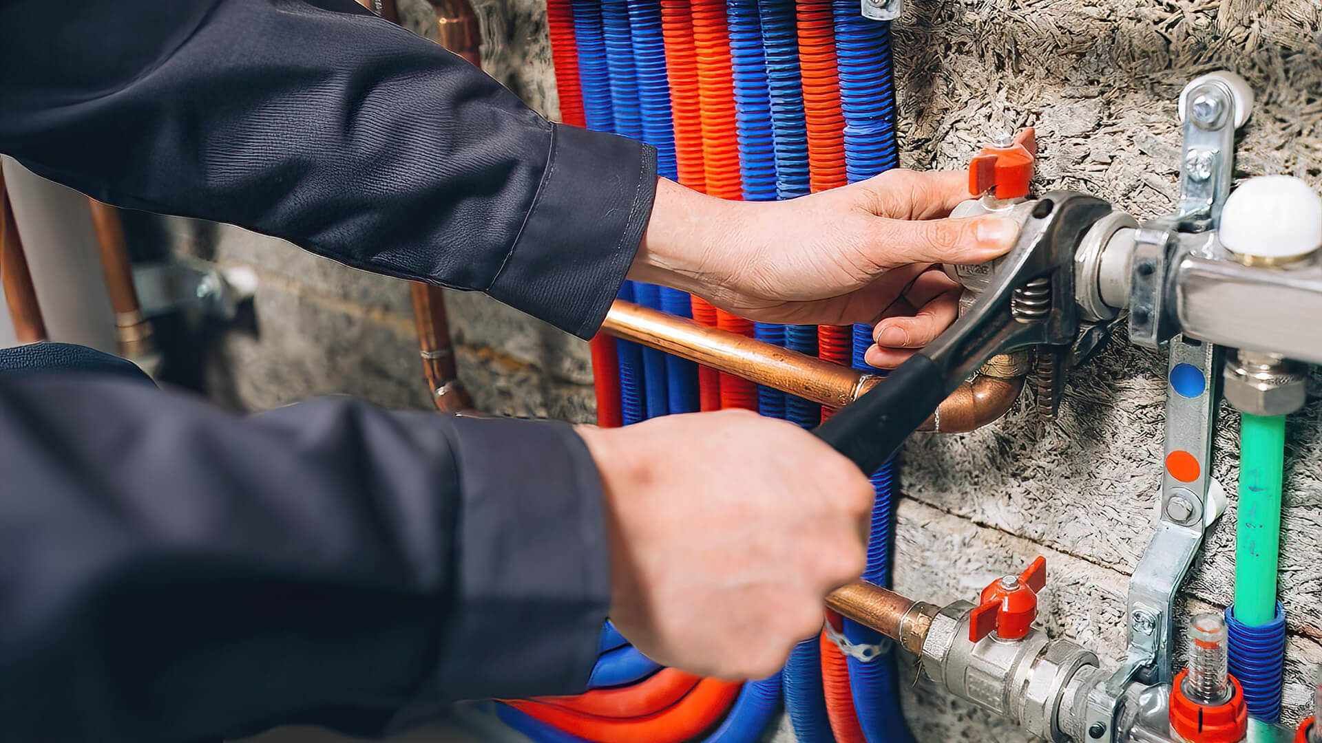 Hands adjusting valves and hoses on industrial plumbing equipment with red and blue pipes.