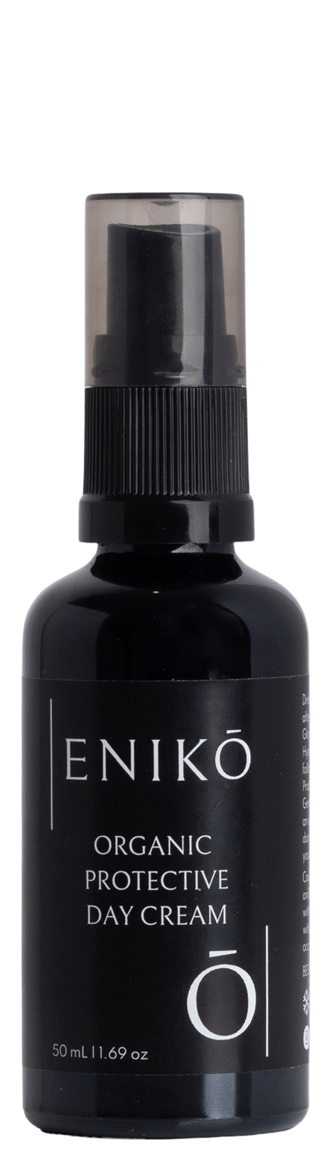 ENIKŌ Organic Protective Day Cream, a natural botanical day cream in a black glass pump bottle..