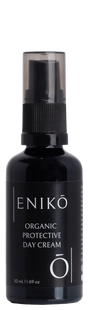 ENIKŌ Organic Protective Day Cream, a natural botanical day cream in a black glass pump bottle..