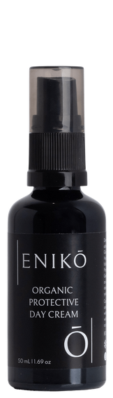 ENIKŌ Organic Protective Day Cream, a natural botanical day cream in a black glass pump bottle..